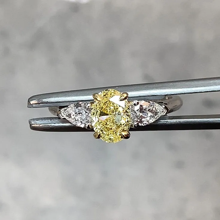 Oval Yellow Diamond Ring 1.11 ct Center, Pear-Shaped Diamond Accents