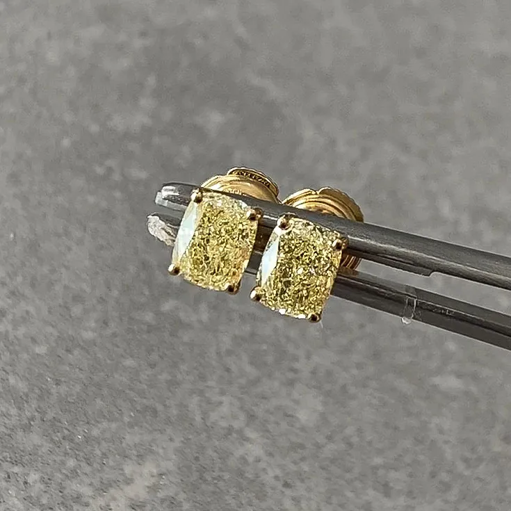 Cushion-Cut Fancy Light Yellow Diamond Stud Earrings — 2.02 ct