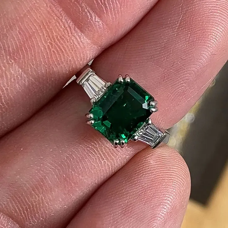 Zambian Emerald Ring - 3.42 ct Vivid Green Emerald with Diamond Side Stones - picture 