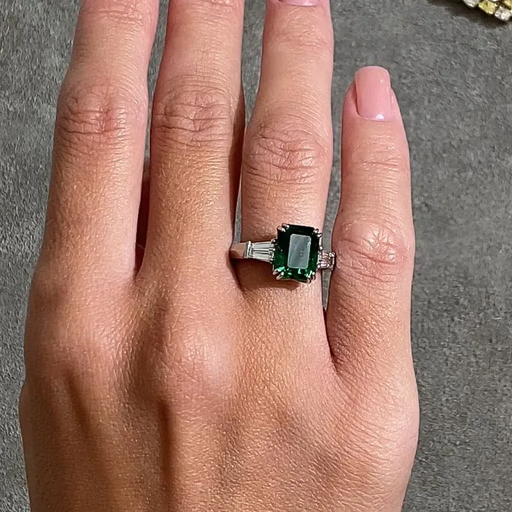 Zambian Emerald Ring - 3.42 ct Vivid Green Emerald with Diamond Side Stones - picture 