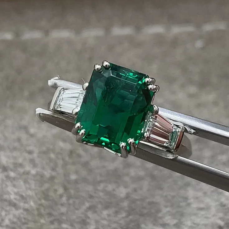 Zambian Emerald Ring - 3.42 ct Vivid Green Emerald with Diamond Side Stones