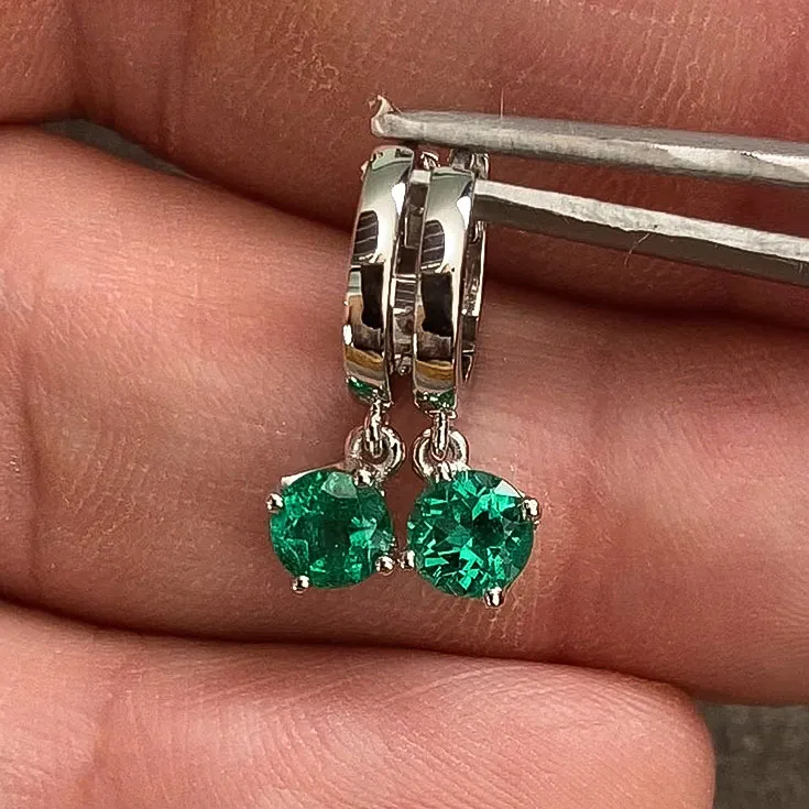 Gold Earrings with Dangling Round Emerald - 1 ct. - picture 