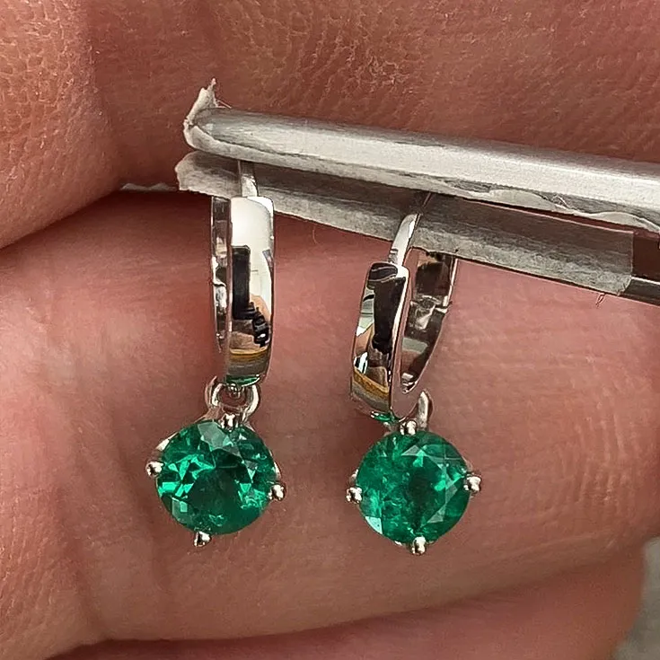 Gold Earrings with Dangling Round Emerald - 1 ct.