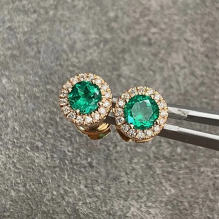 Emerald Stud Earrings with Diamond Halo - 0.50 ct Each in Rose Gold - picture 