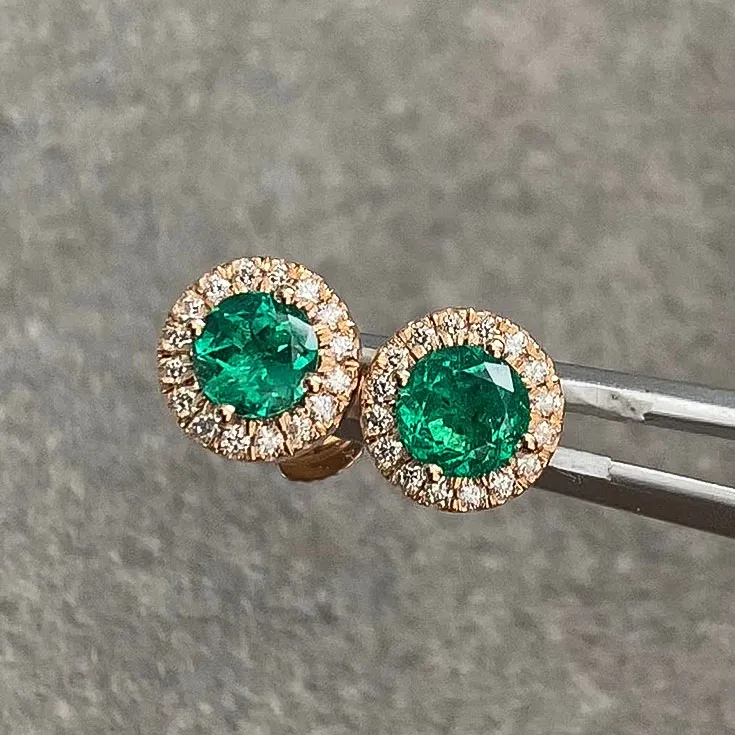 Emerald Stud Earrings with Diamond Halo - 0.50 ct Each in Rose Gold
