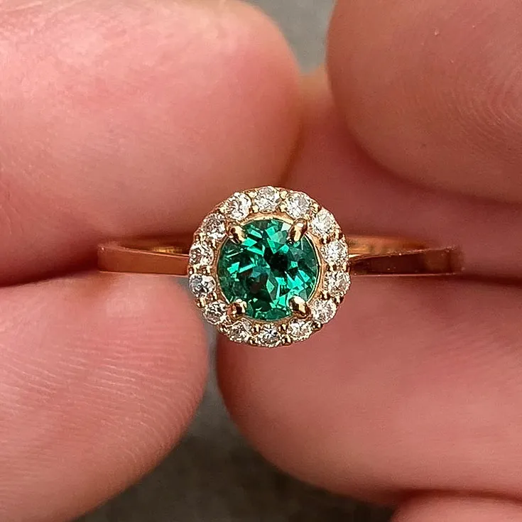Emerald and Diamond Ring 0.50 ct Emerald in Rose Gold Halo - picture 