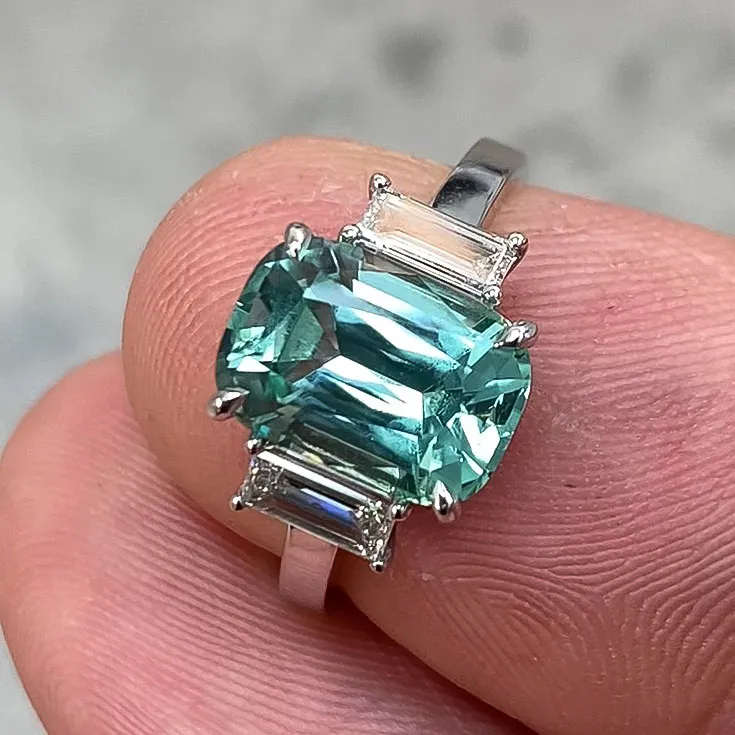 Lagoon Tourmaline Cushion-Cut Ring 2.77 Carats with Diamond Accents - picture 