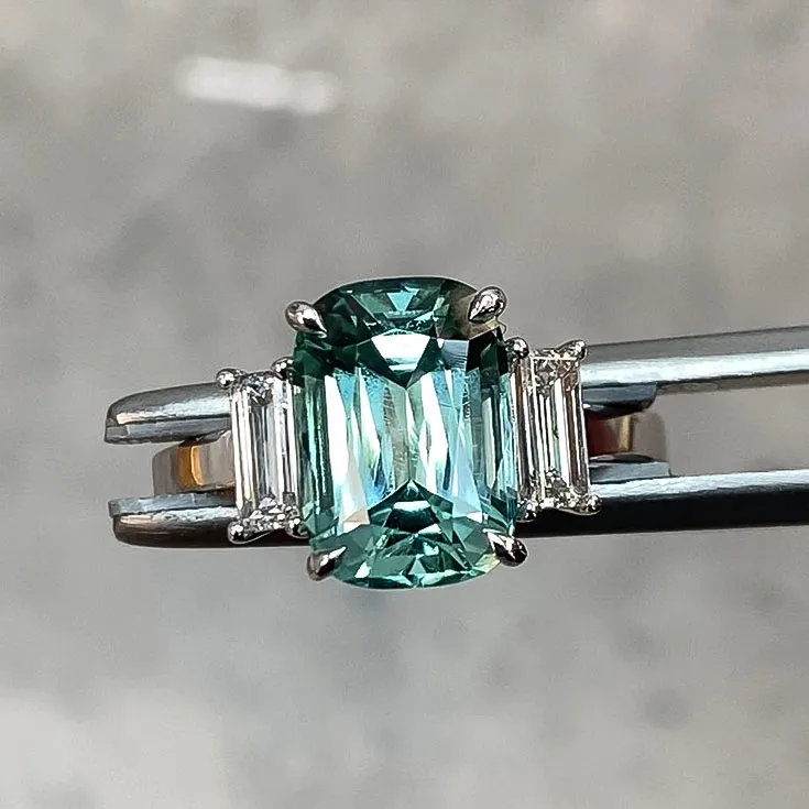 Lagoon Tourmaline Cushion-Cut Ring 2.77 Carats with Diamond Accents