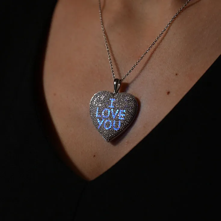 Heart-Shaped Diamond Pendant with “I Love You” Fluorescent Design