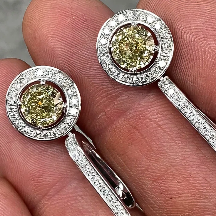 Yellow Diamond Earrings – Round Cut, 2.01 & 2.02 Carats, Halo of Diamonds - picture 