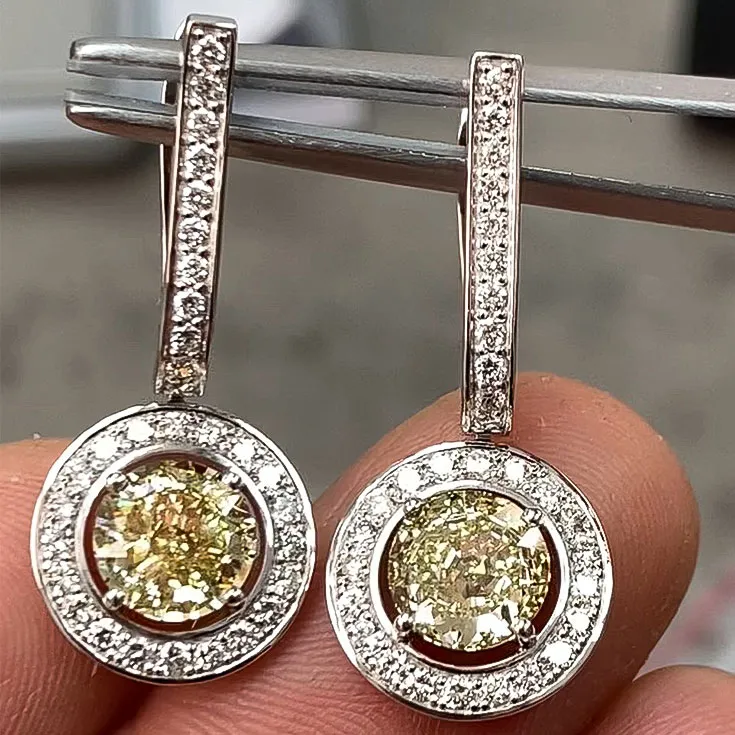 Yellow Diamond Earrings – Round Cut, 2.01 & 2.02 Carats, Halo of Diamonds