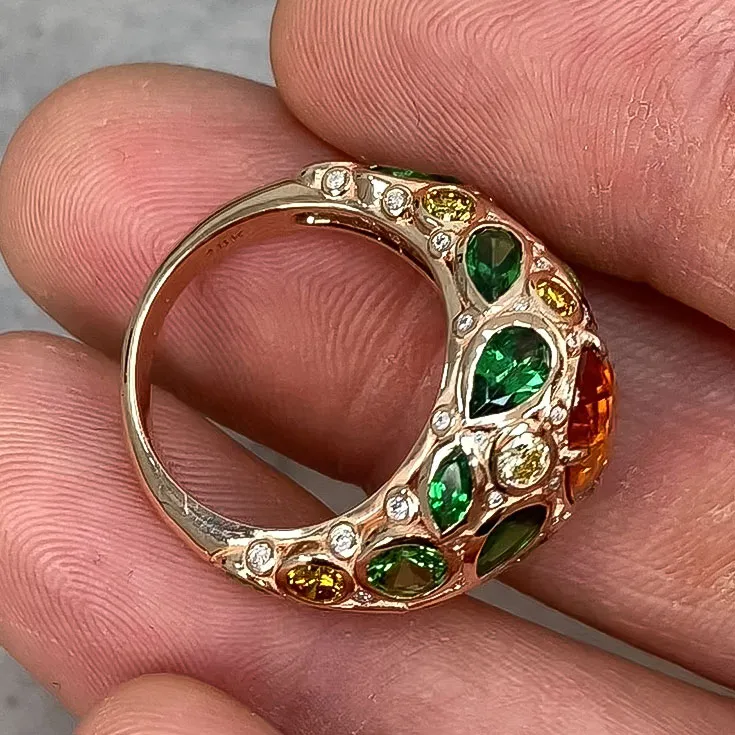 Oval Spessartine Ring with Artistic Botanical Design in Tsavorites, Yellow Diamonds, and White Diamonds - picture 