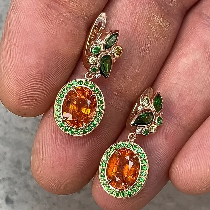 Earrings with Spessartine, Tsavorites, Yellow Diamonds, and White Diamonds - Botanical Design - picture 