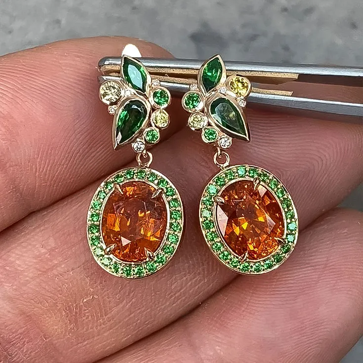 Earrings with Spessartine, Tsavorites, Yellow Diamonds, and White Diamonds - Botanical Design