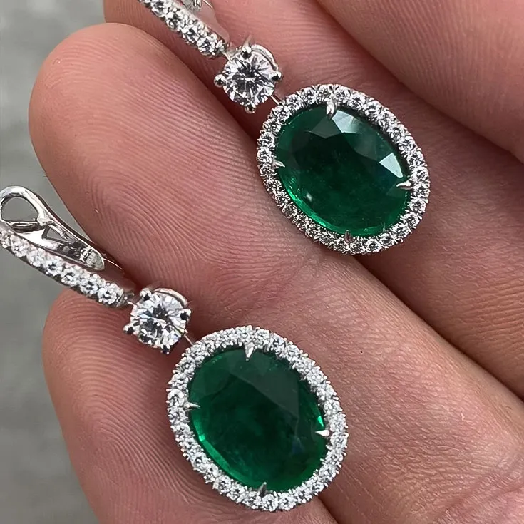Oval Emerald Earrings with Diamond Halo - picture 