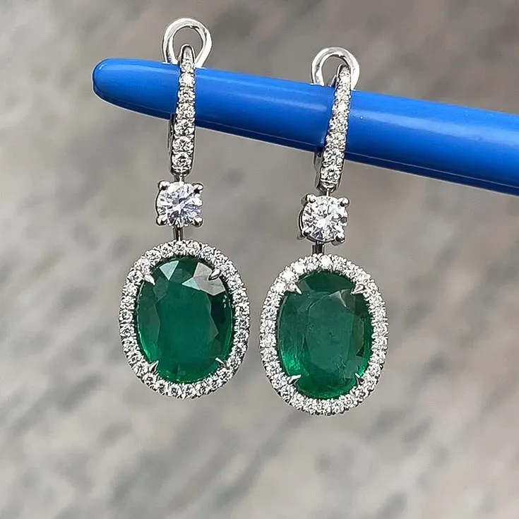 Oval Emerald Earrings with Diamond Halo