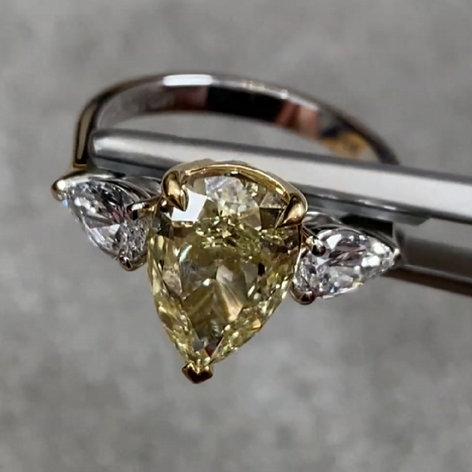 Pear Shape Yellow Diamond 3.01 ct. Ring with Side Pear Diamonds ~ 0.67 ct. - picture 