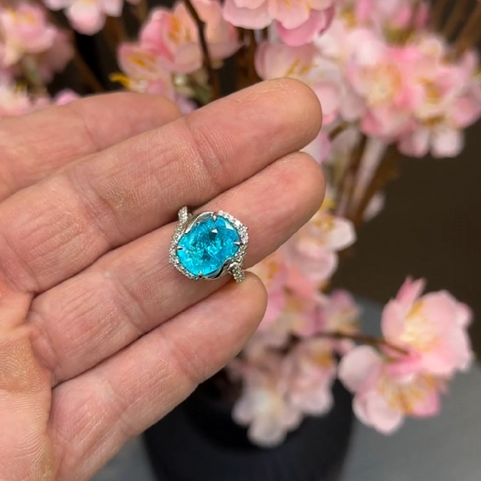Cushion Paraiba Tourmaline Ring 7.132 ct with Diamond Halo