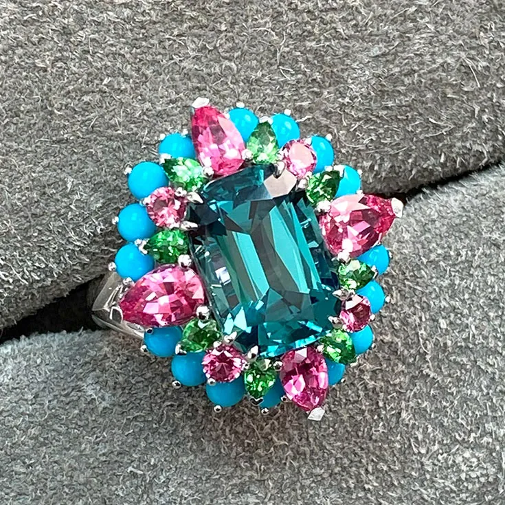 Lagoon Tourmaline Ring With Pink Spinel, Green Demontoids and Turquoise - picture 