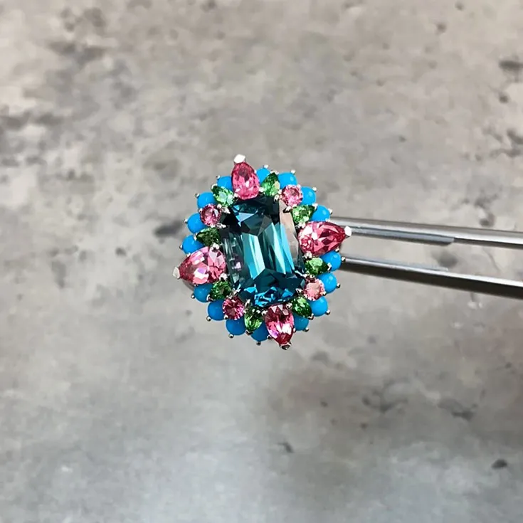 Lagoon Tourmaline Ring With Pink Spinel, Green Demontoids and Turquoise